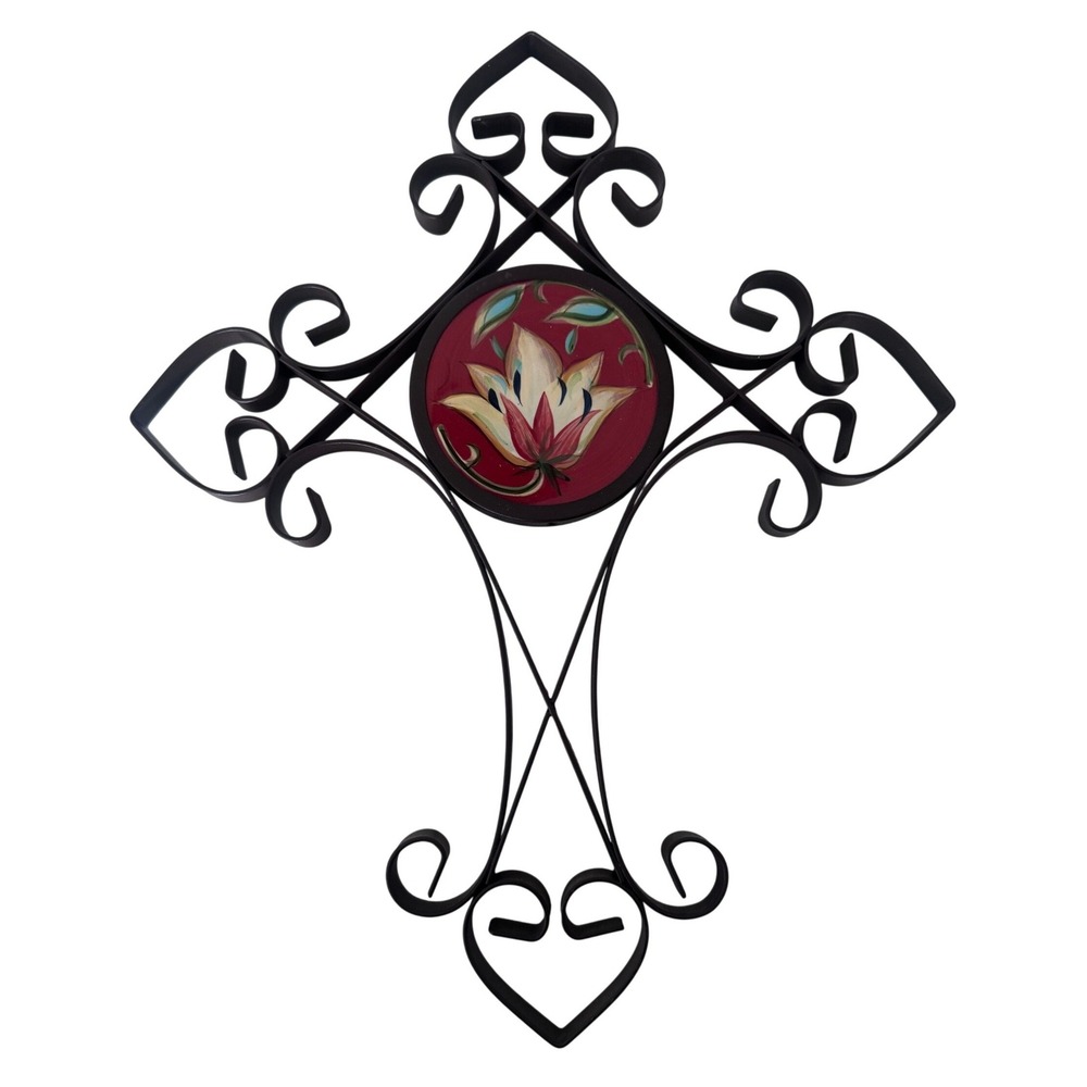 Southern Living at Home‎ Wrought Iron Wall Cross Painted Floral Medallion